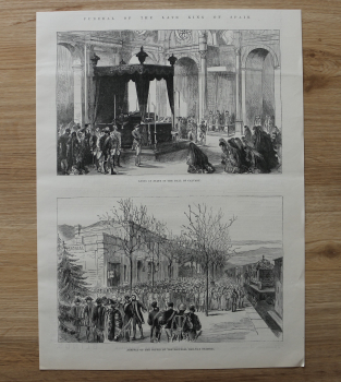 Holzstich Spanien 1885 Beerdigung des Königs von Spanien